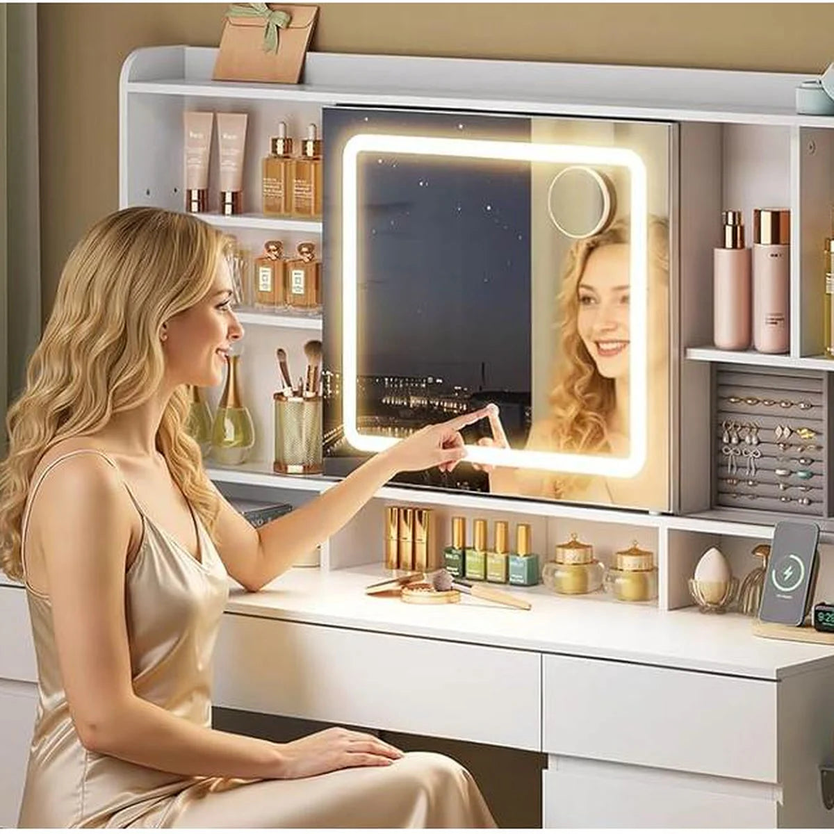Coiffeuse miroir coulissant 107 cm, 9 tiroirs