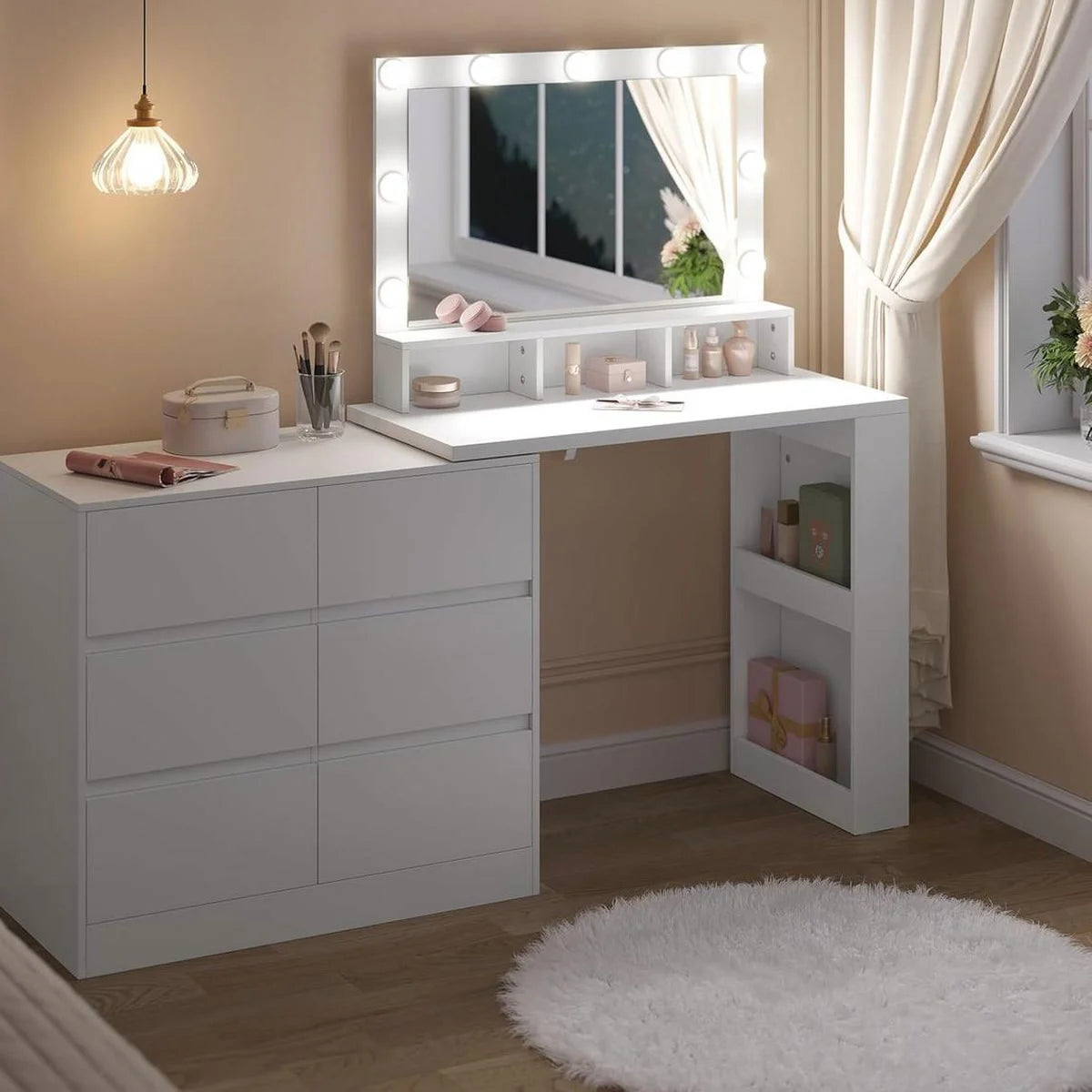 Coiffeuse d’angle avec commode, 6 tiroirs