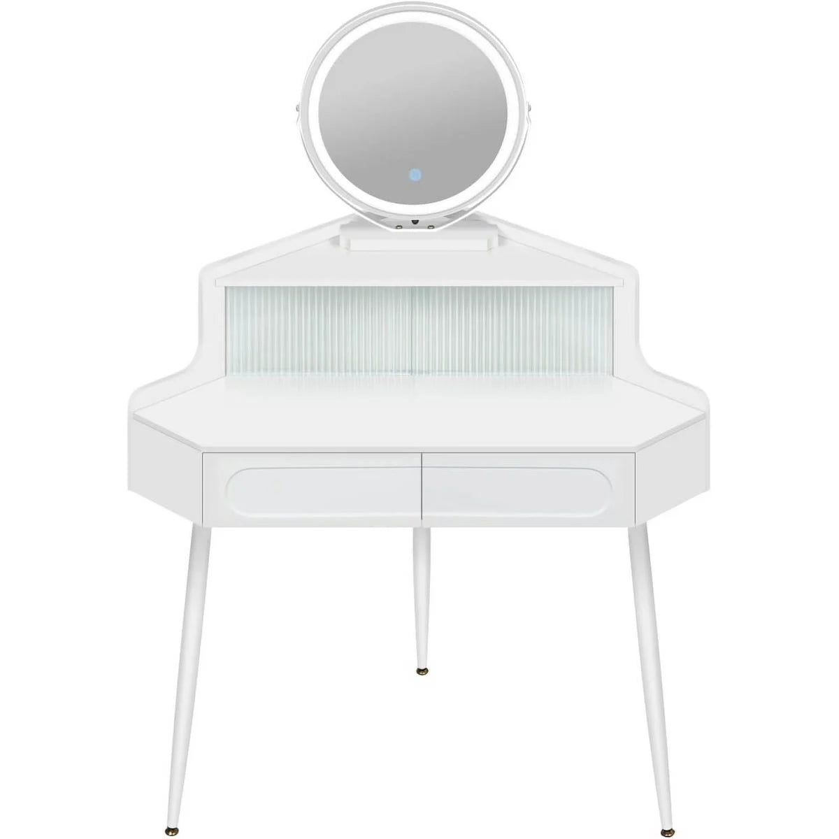 Coiffeuse d’angle miroir rond, 2 tiroirs