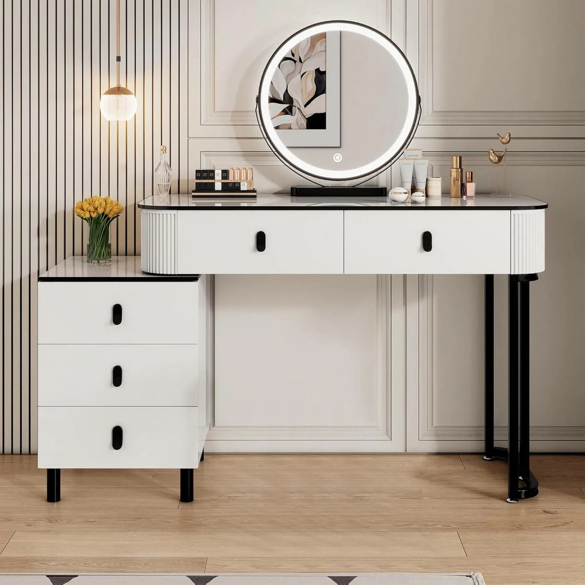Coiffeuse miroir rond 100 cm, 5 tiroirs – blanc et noir