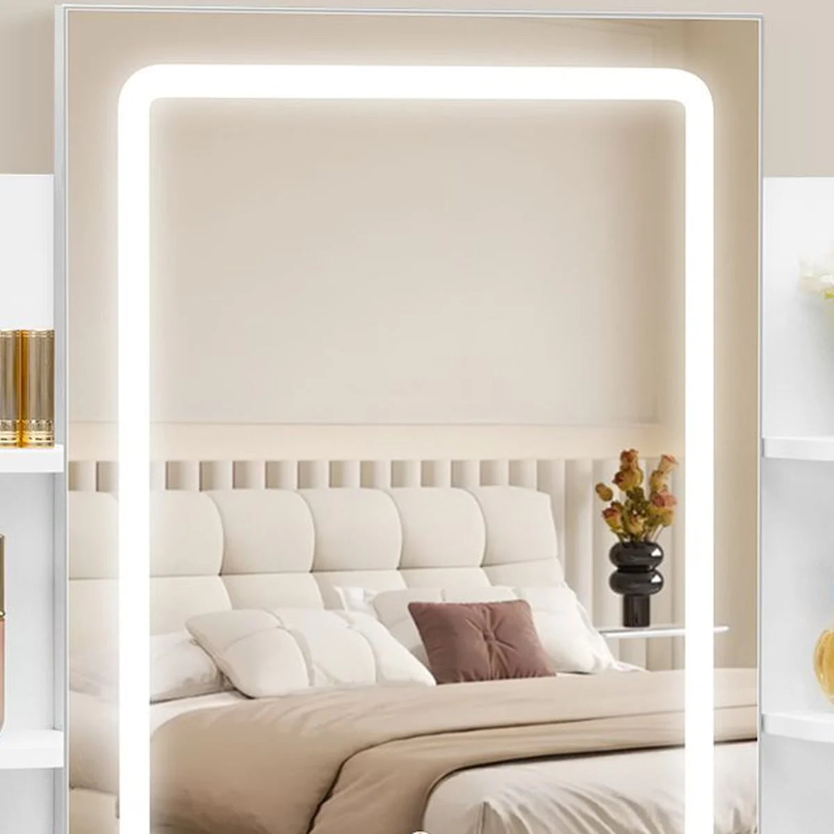 Coiffeuse miroir LED 90 cm, 2 tiroirs