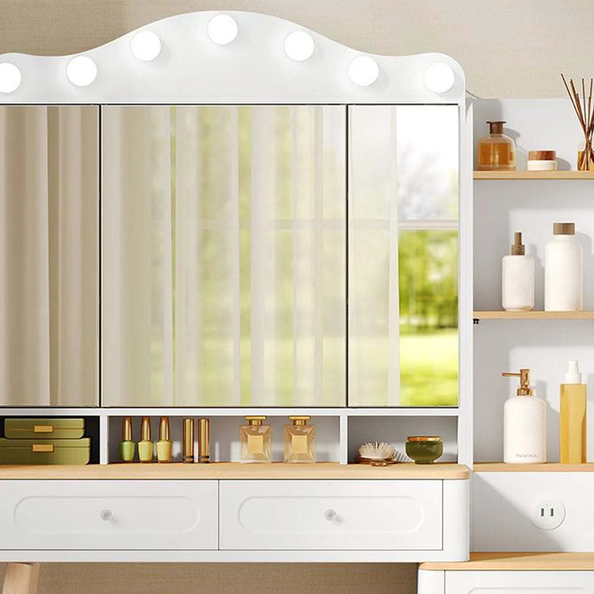 Coiffeuse miroir 3 volets 107 cm, 5 tiroirs