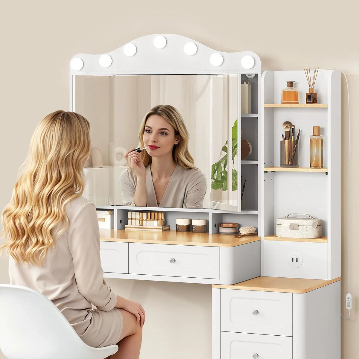 Coiffeuse miroir 3 volets 107 cm, 5 tiroirs