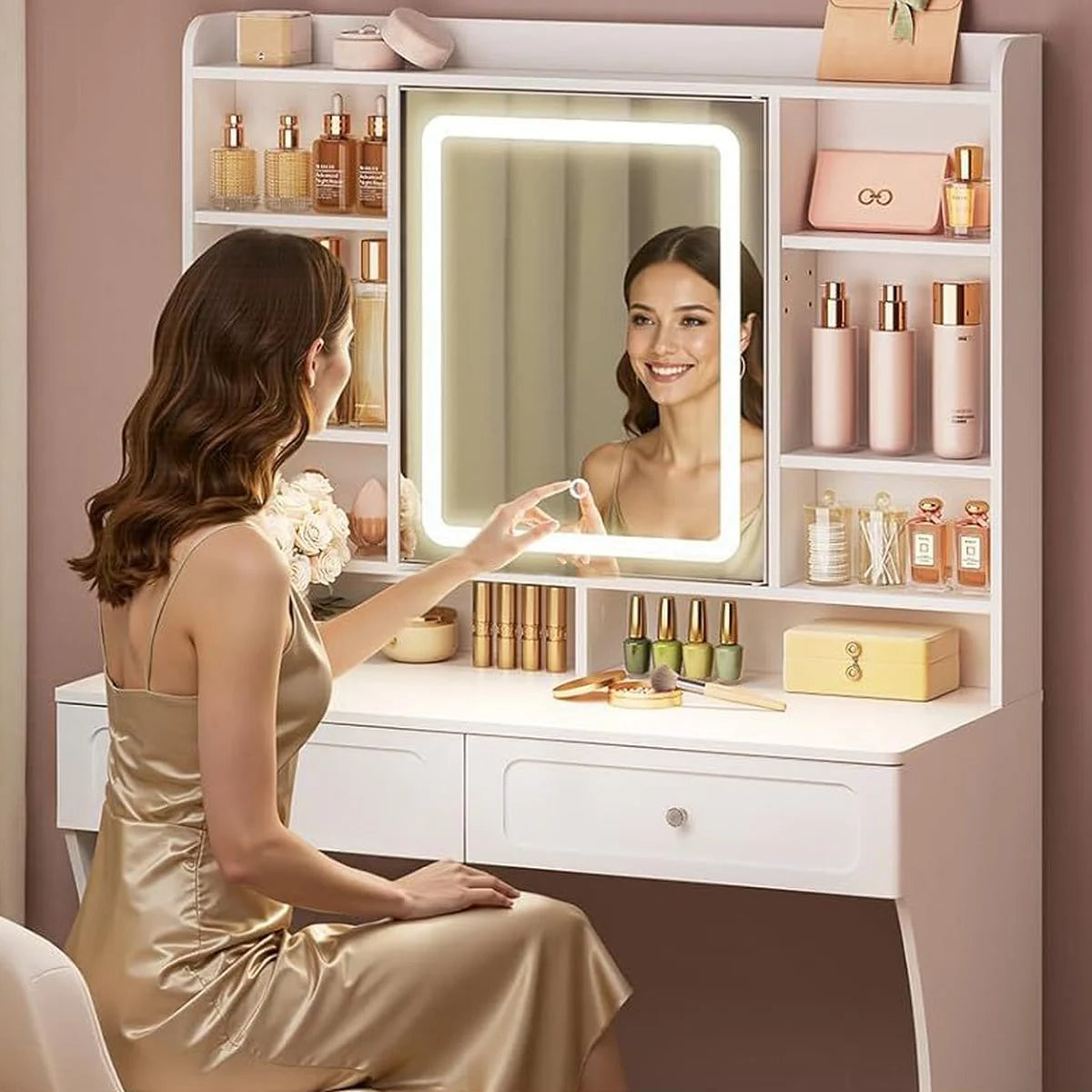 Coiffeuse miroir LED 90 cm, rangement à bijoux