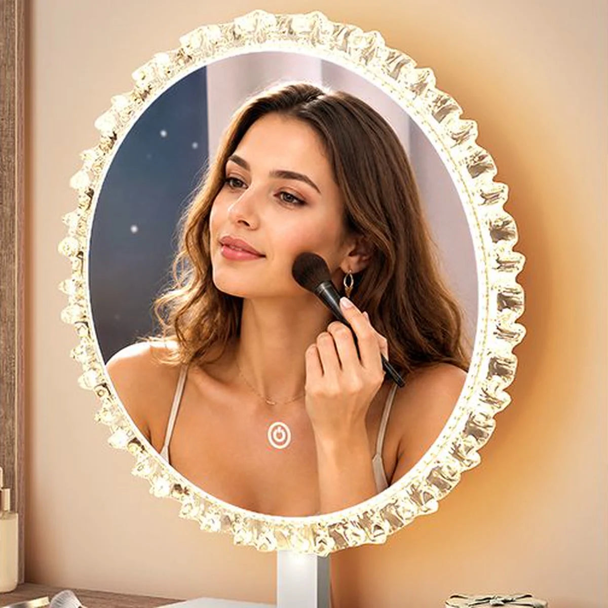 Coiffeuse miroir rond 100 cm, 3 tiroirs et 2 placards