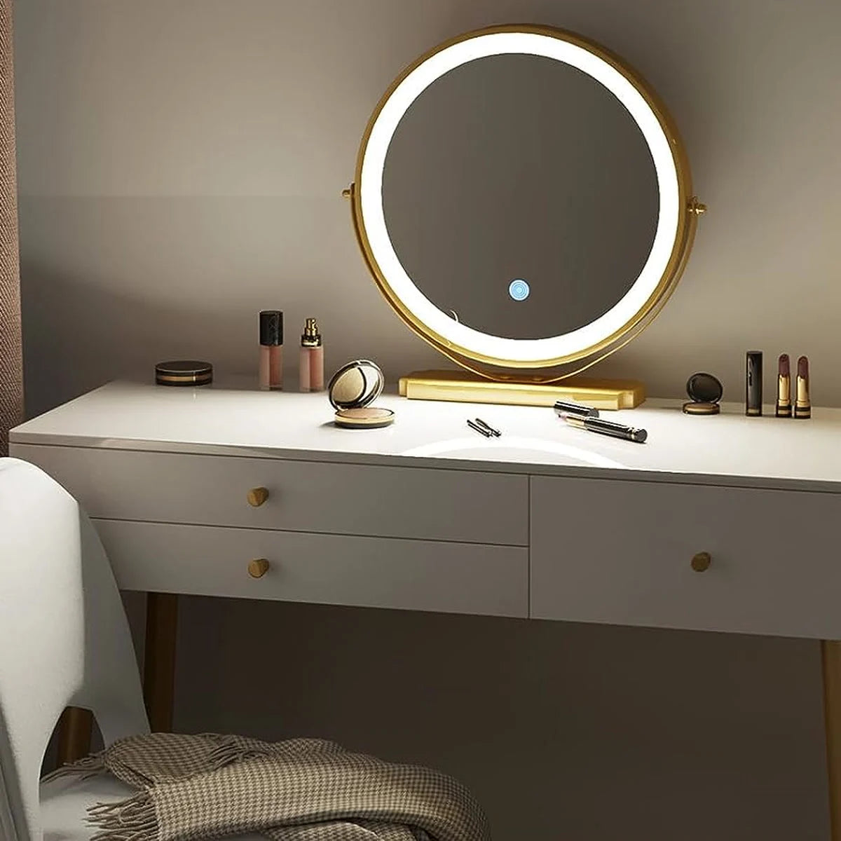 Coiffeuse miroir rond 100 cm, chaise incluse