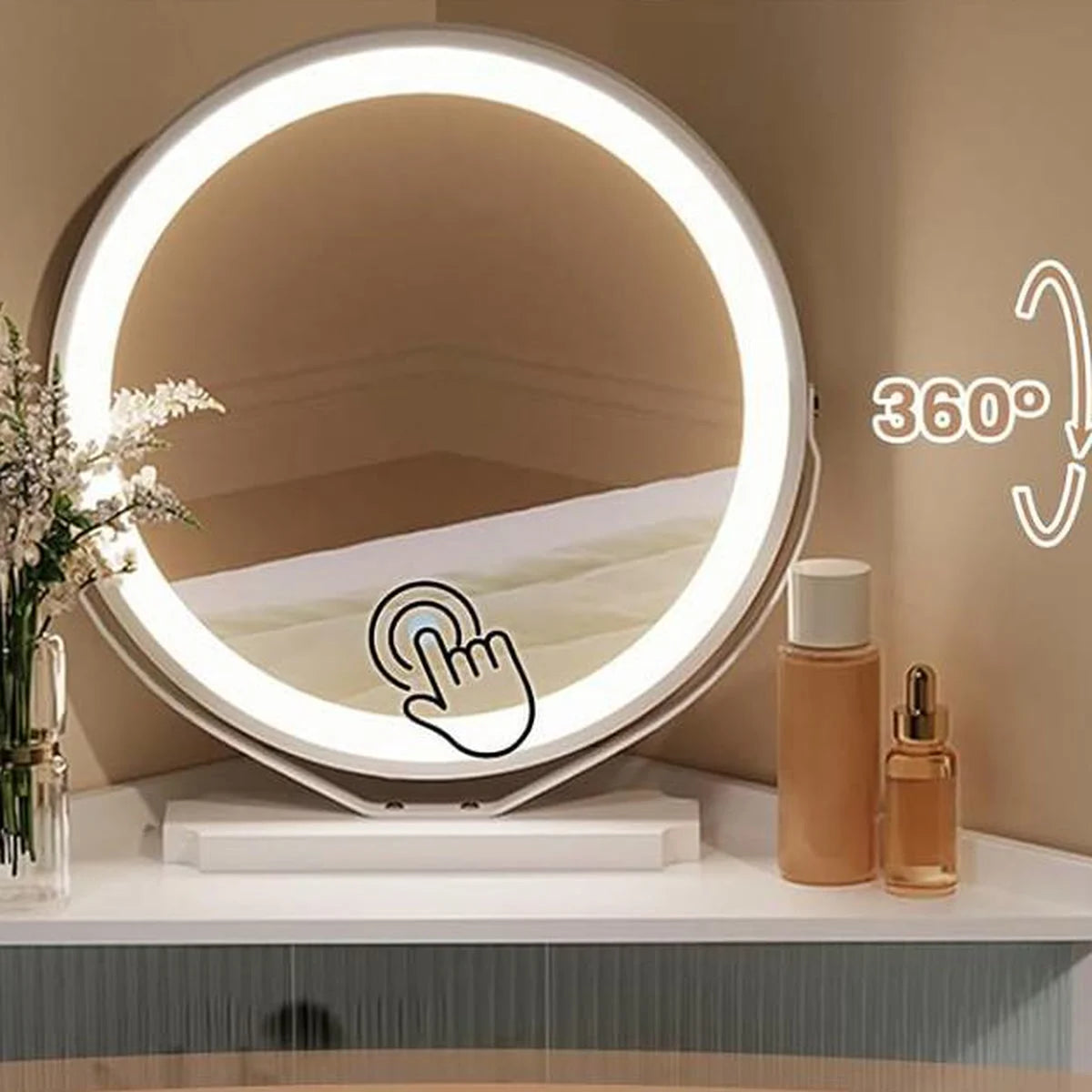 Coiffeuse d’angle miroir rond, 2 tiroirs