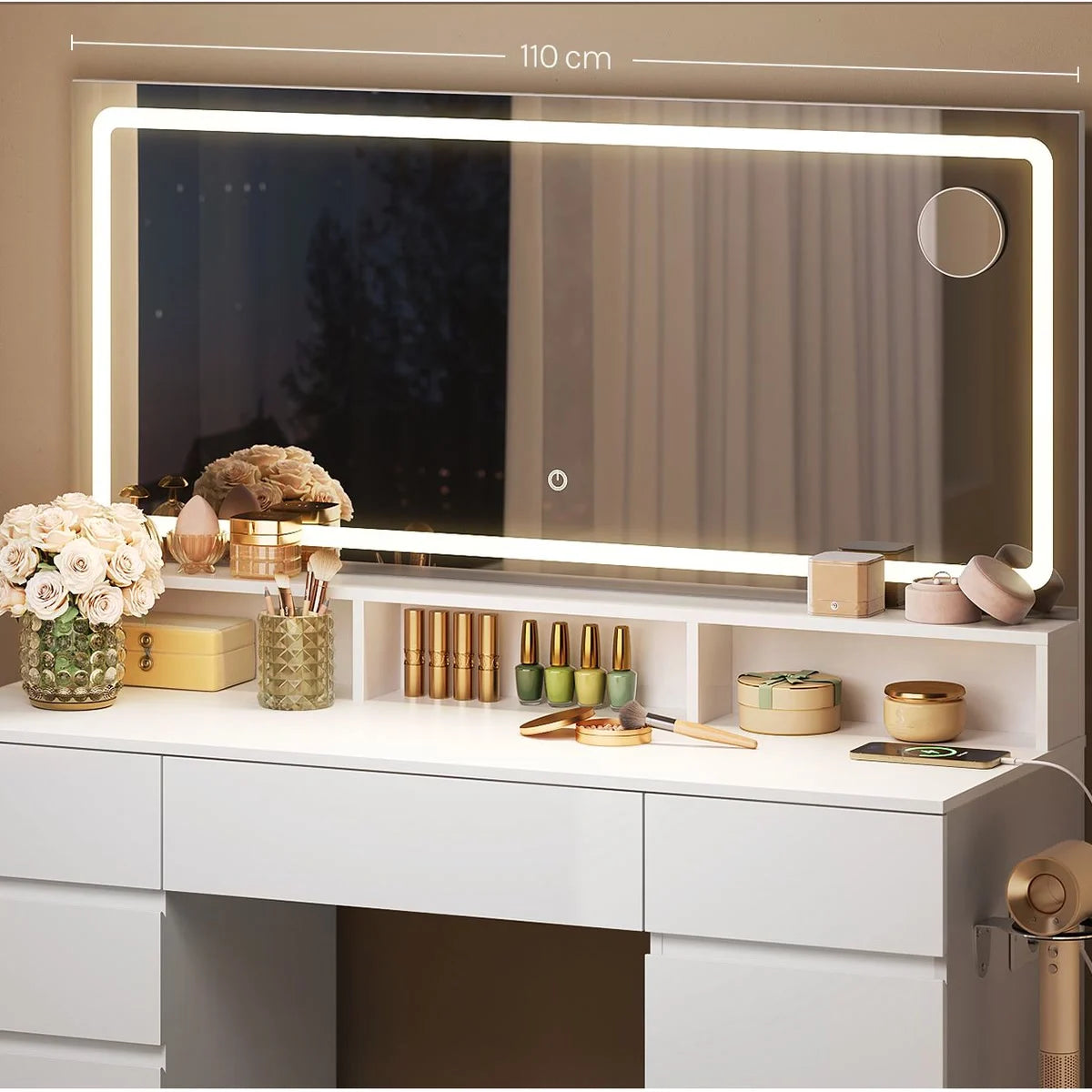 Coiffeuse grand miroir LED 110 cm, 9 tiroirs