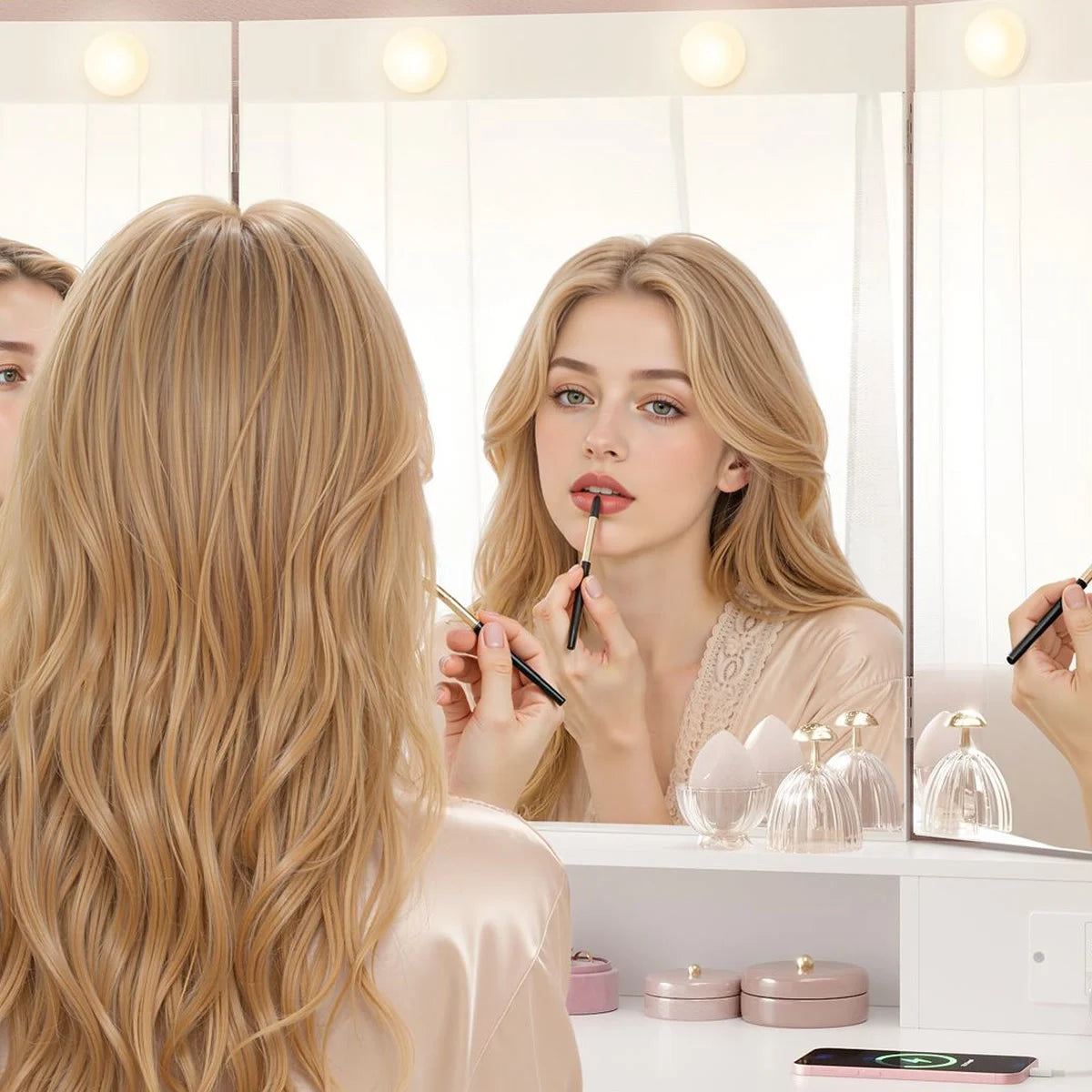 Coiffeuse miroir 3 volets 104 cm, 5 tiroirs