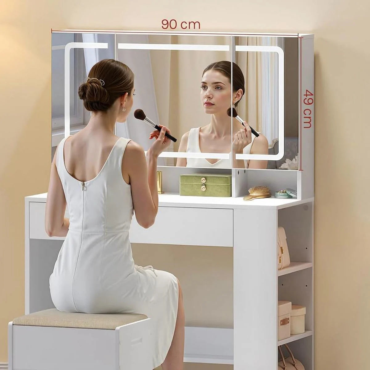Coiffeuse miroir 3 volets 90 cm, armoire à bijoux