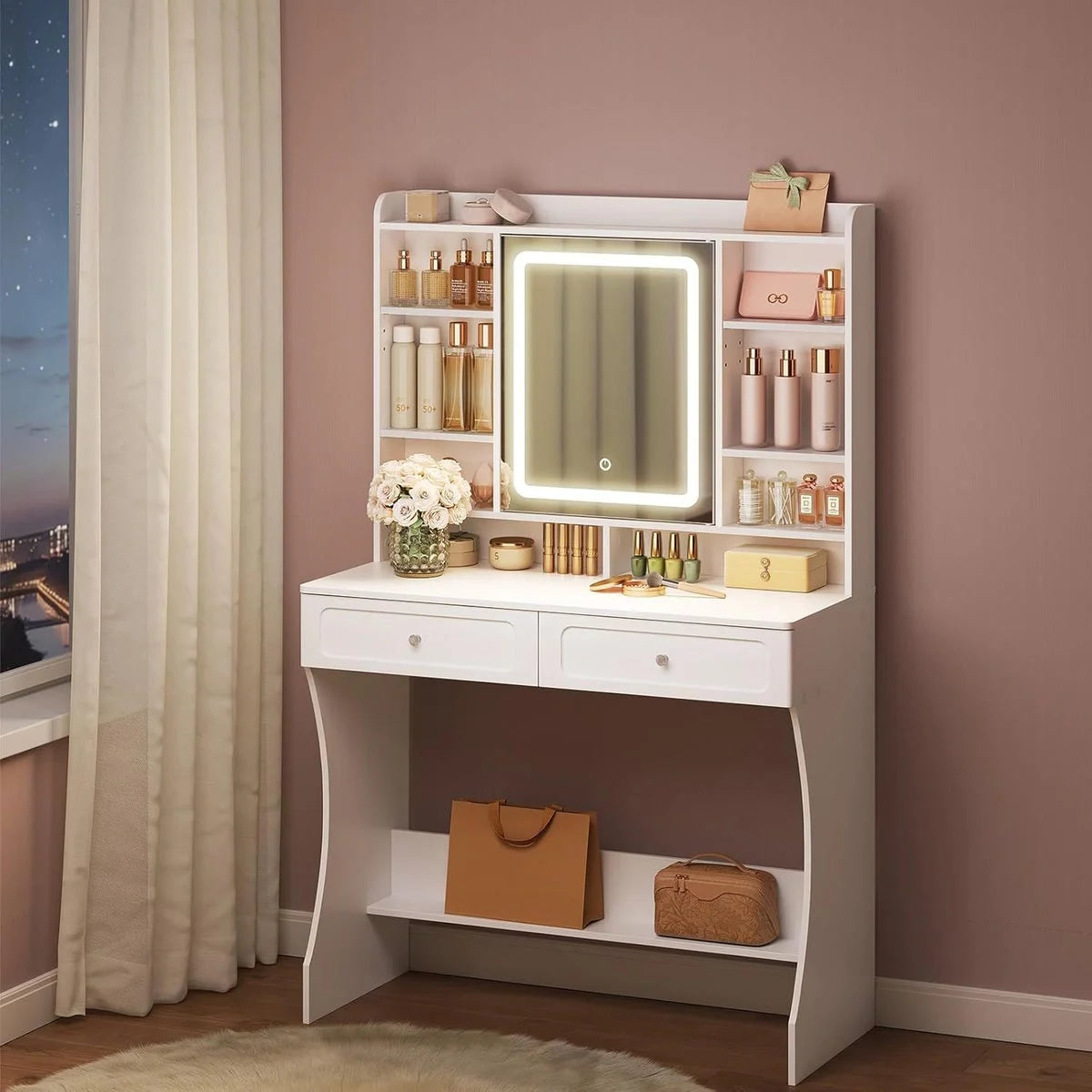 Coiffeuse miroir LED 90 cm, rangement à bijoux