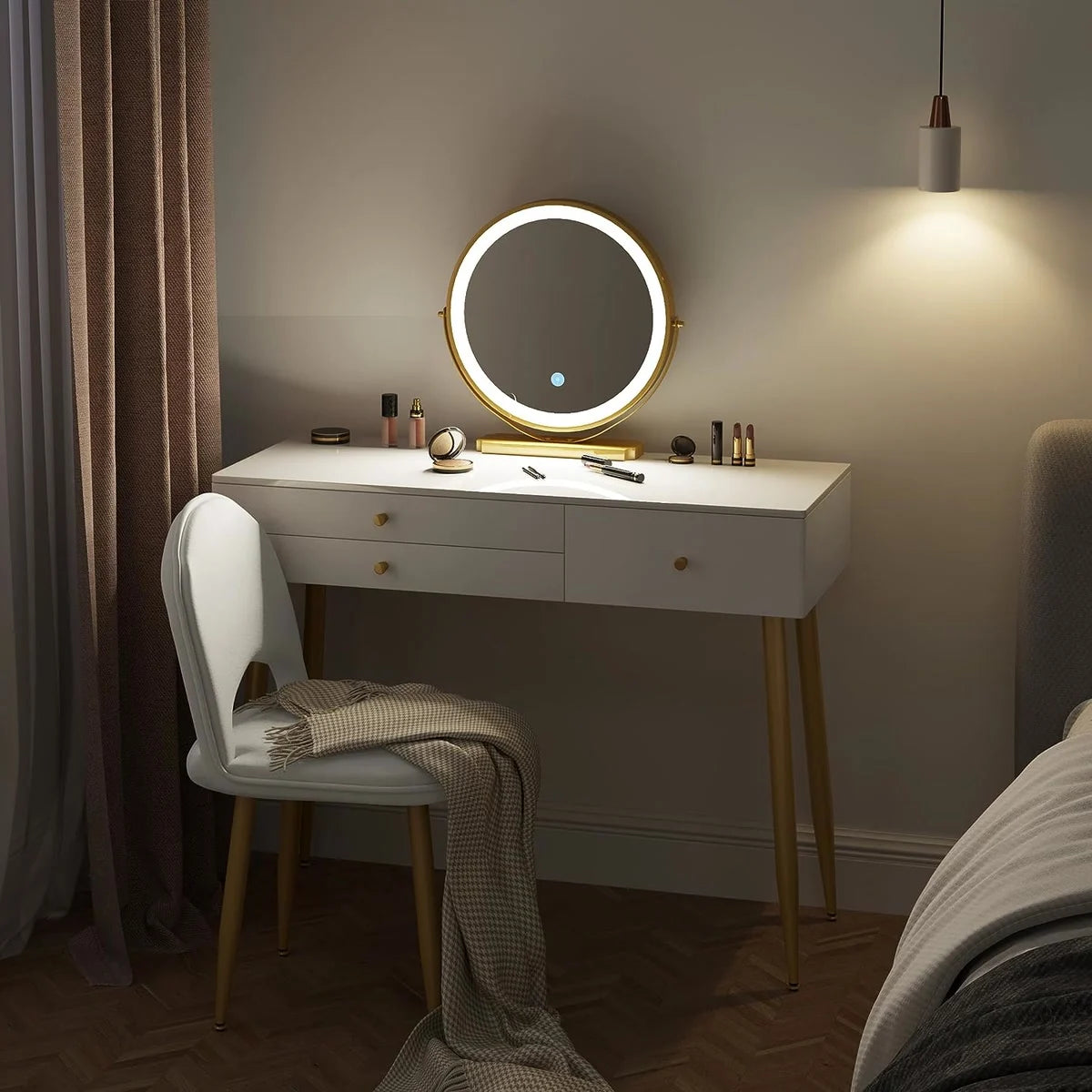 Coiffeuse miroir rond 100 cm, chaise incluse