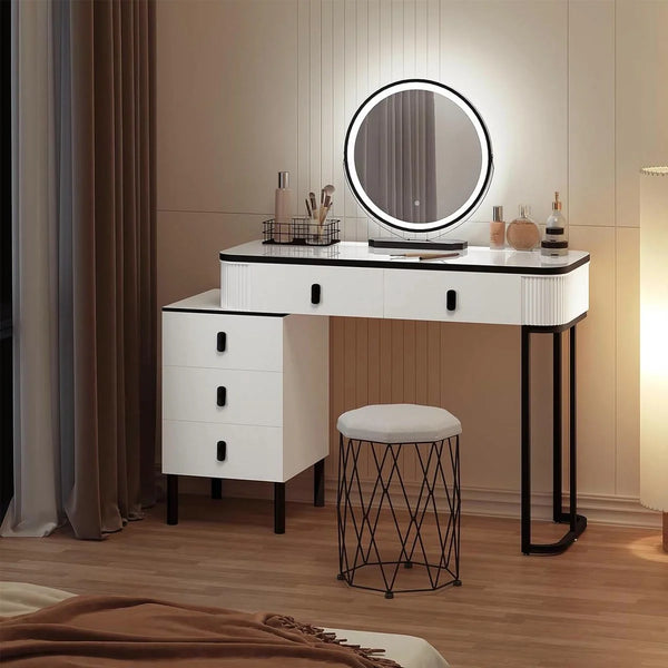 Coiffeuse miroir rond 100 cm, tabouret inclus – blanc et noir