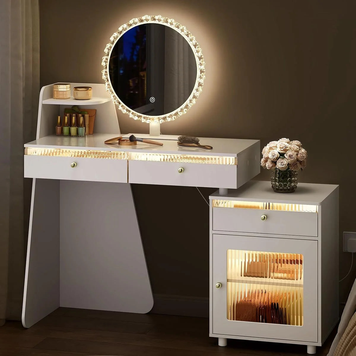 Coiffeuse miroir rond 80 cm, armoire éclairée