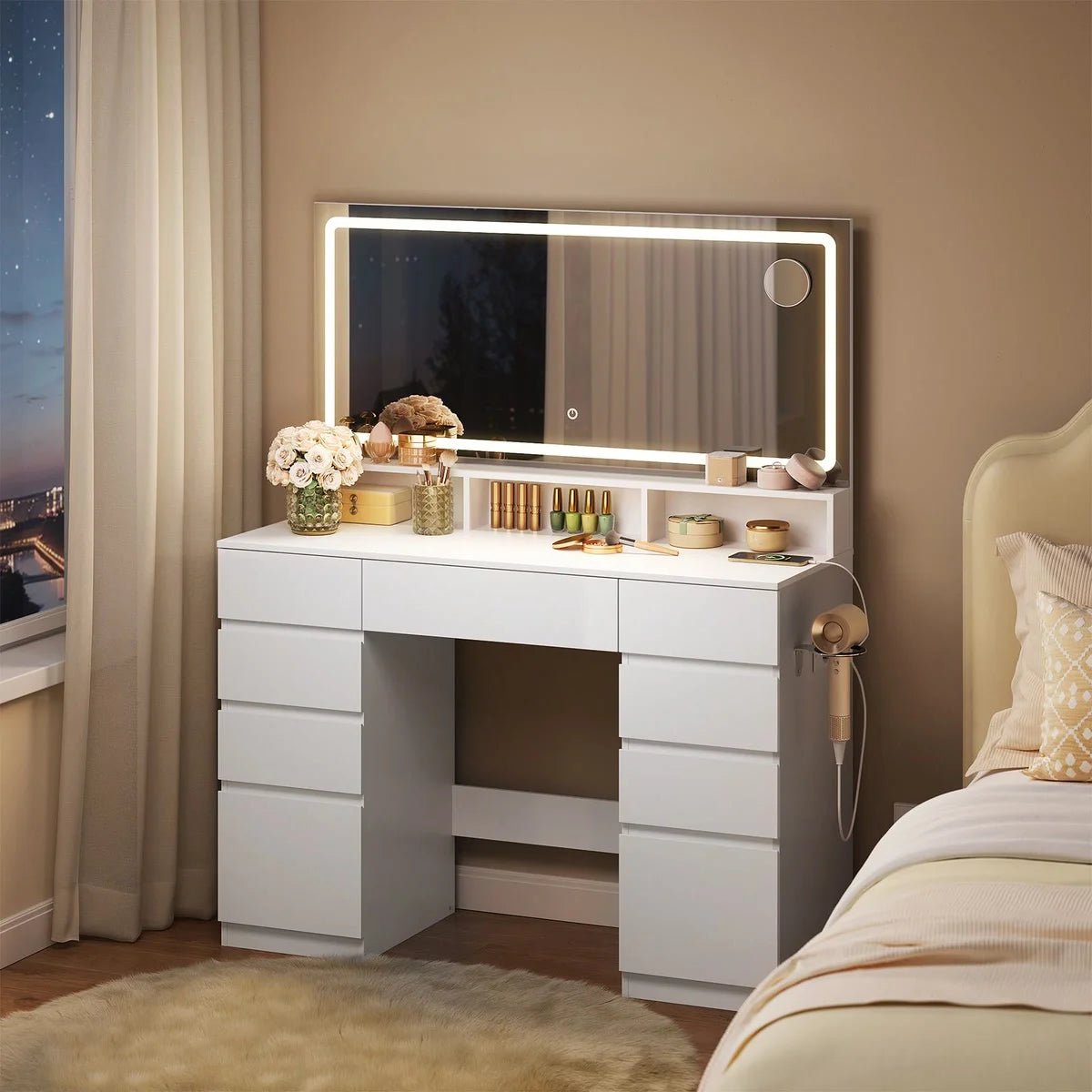 Coiffeuse grand miroir LED 110 cm, 9 tiroirs