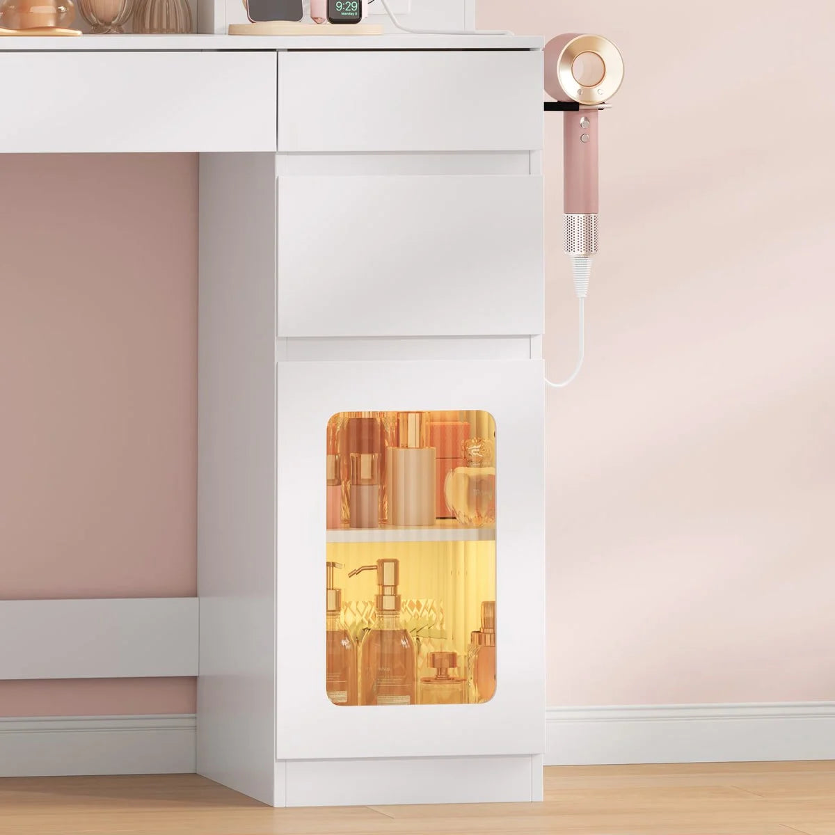 Coiffeuse miroir 3 volets 104 cm, 5 tiroirs
