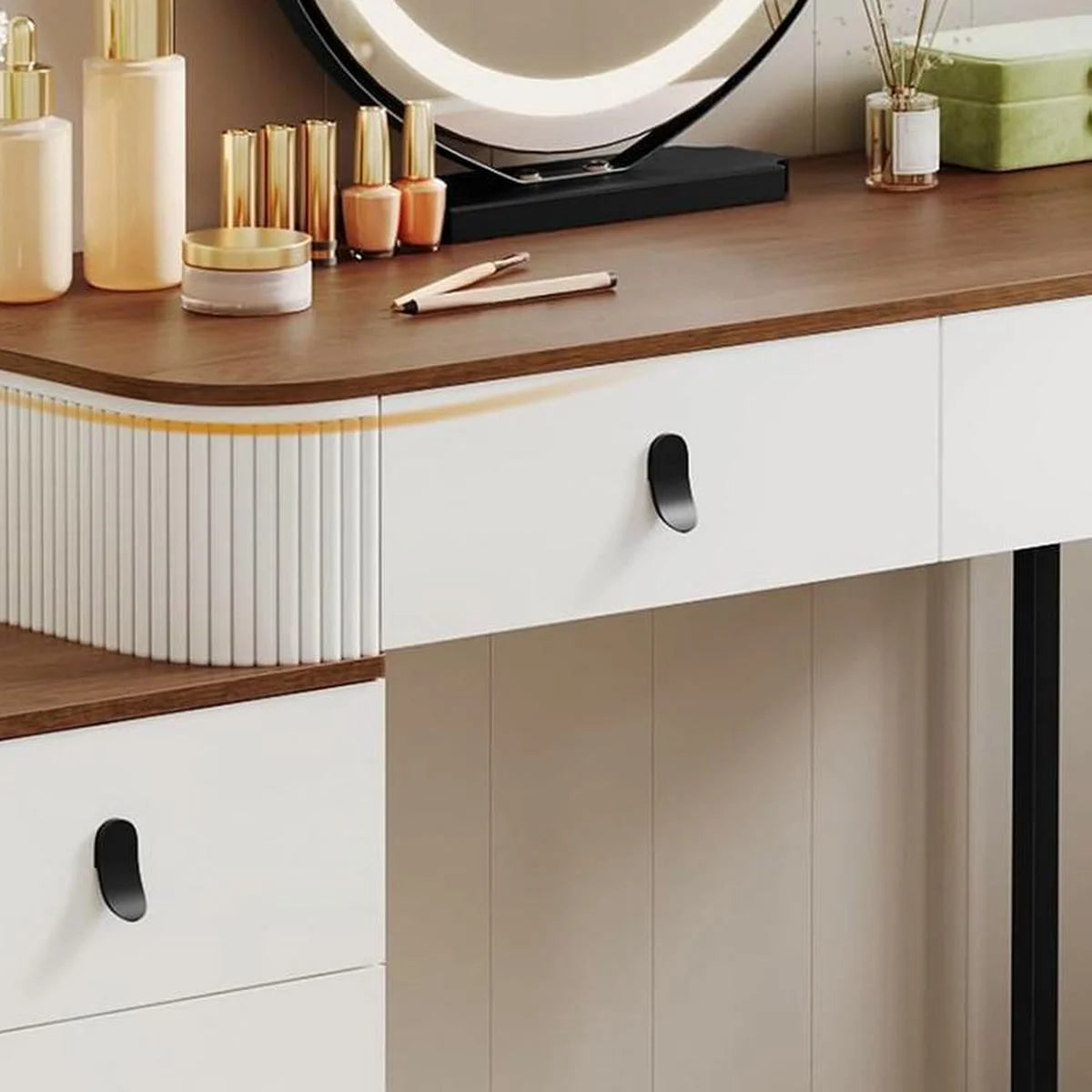 Coiffeuse miroir rond 100 cm, tabouret inclus – bois et blanc