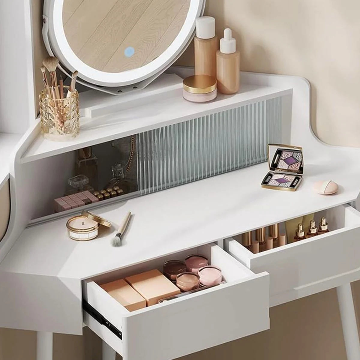 Coiffeuse d’angle miroir rond, 2 tiroirs