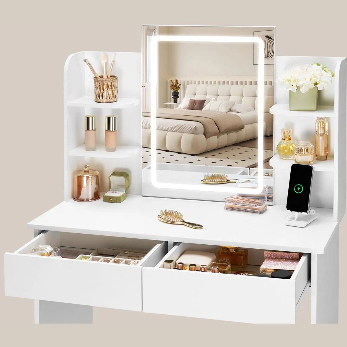 Coiffeuse miroir LED 90 cm, 2 tiroirs