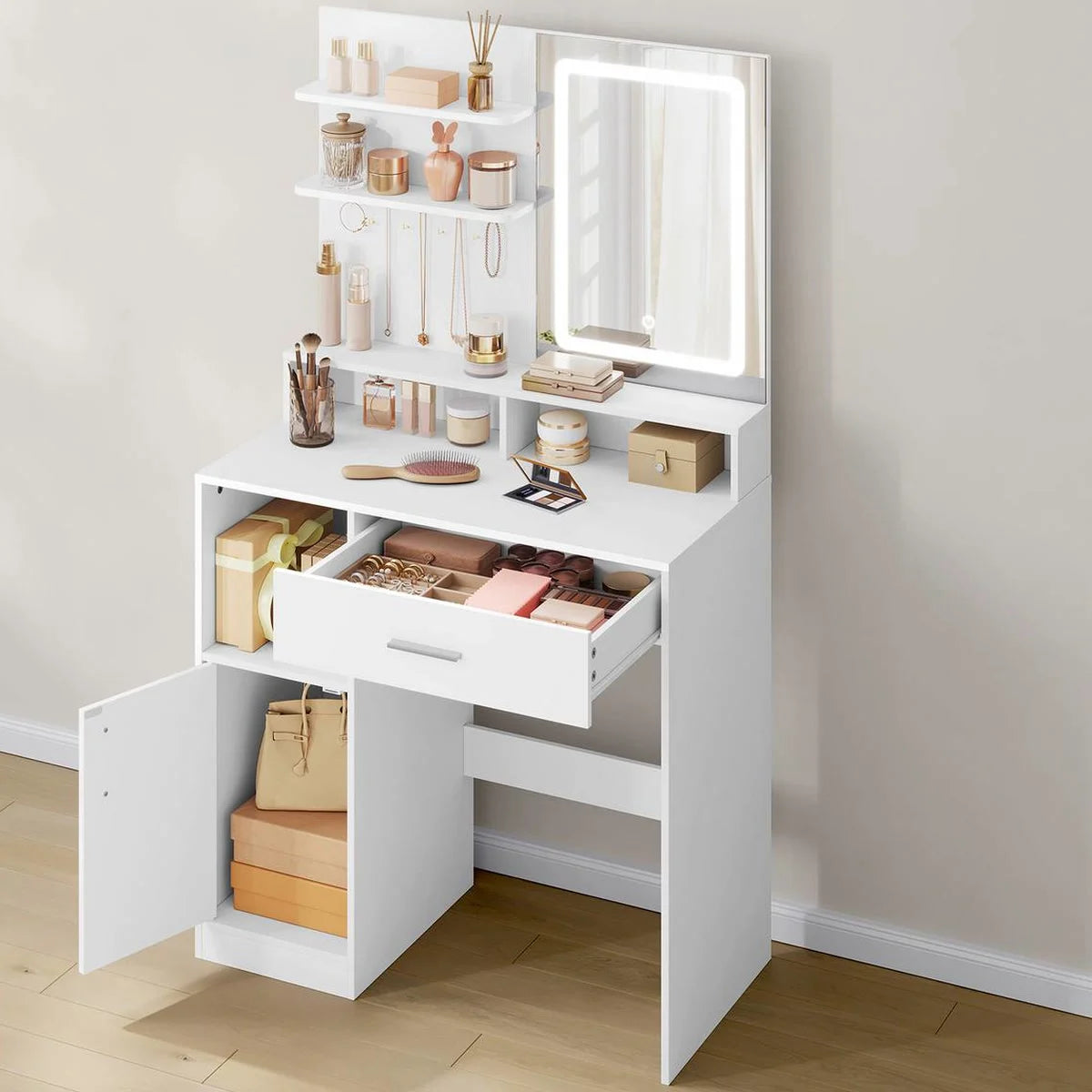 Coiffeuse compacte 80 cm, miroir LED