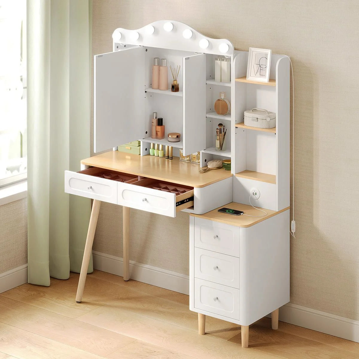 Coiffeuse miroir 3 volets 107 cm, 5 tiroirs