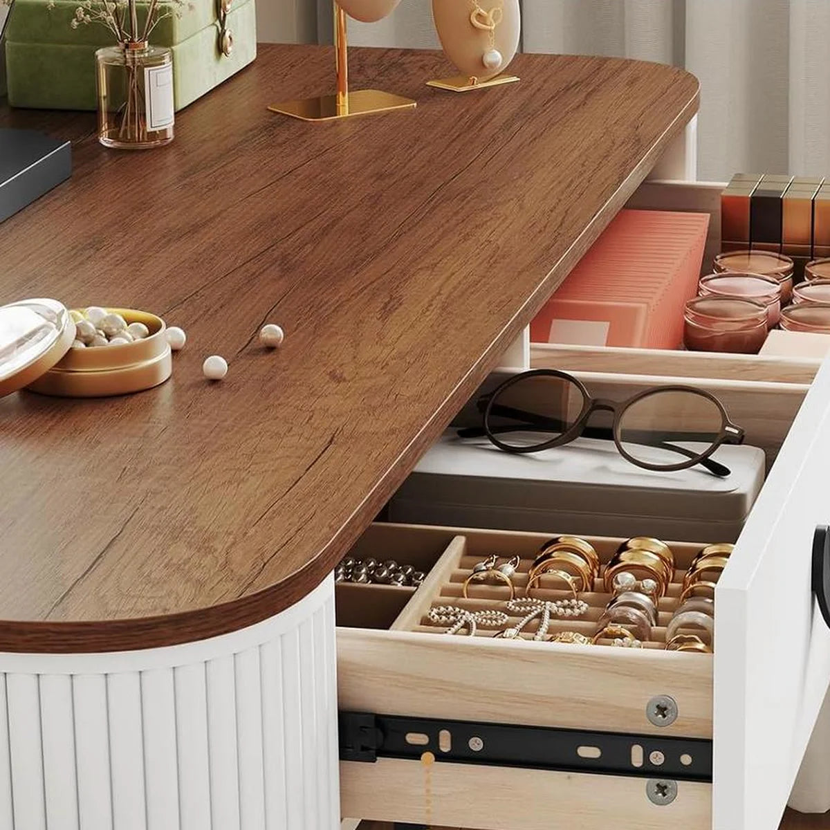 Coiffeuse miroir rond 100 cm, tabouret inclus – bois et blanc
