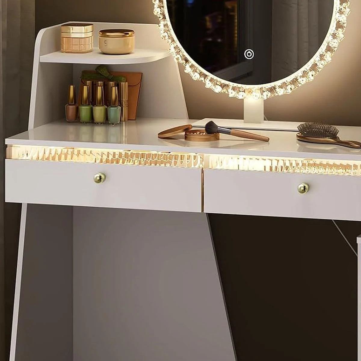 Coiffeuse miroir rond 80 cm, armoire éclairée