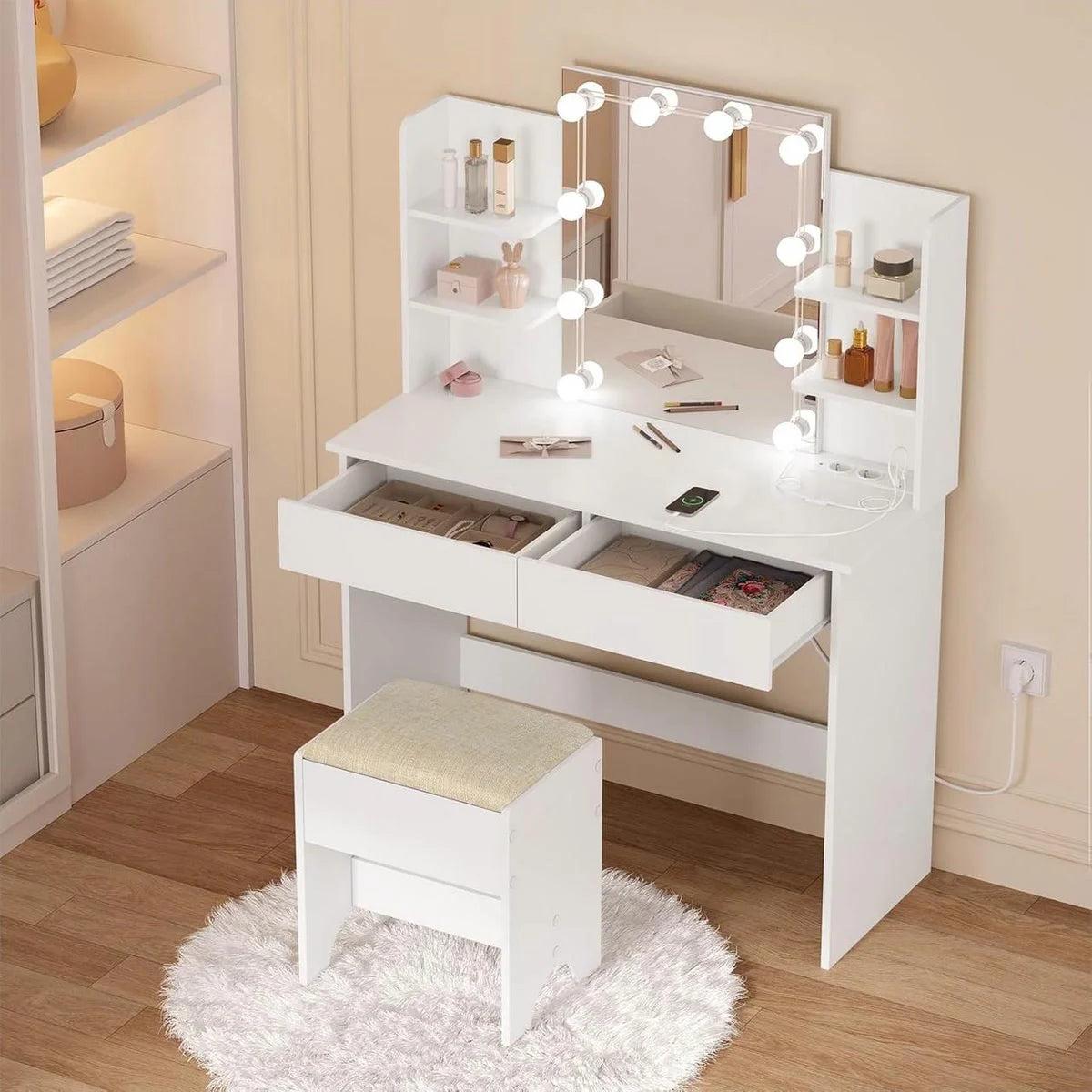 Coiffeuse Hollywood 90 cm, 2 tiroirs et prises