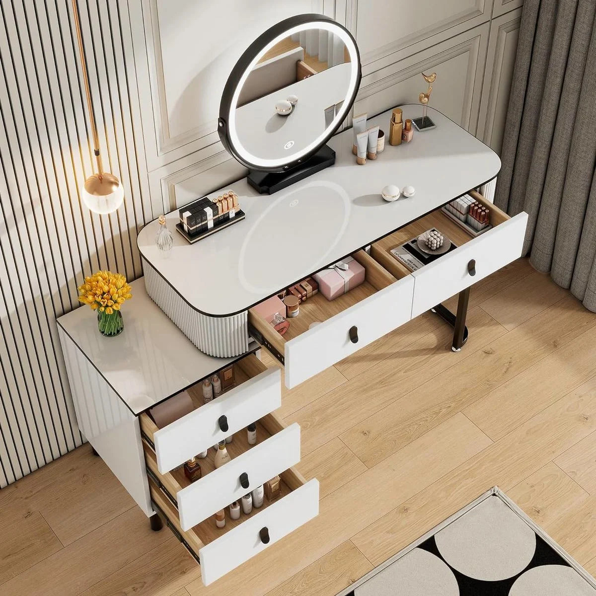 Coiffeuse miroir rond 100 cm, 5 tiroirs – blanc et noir
