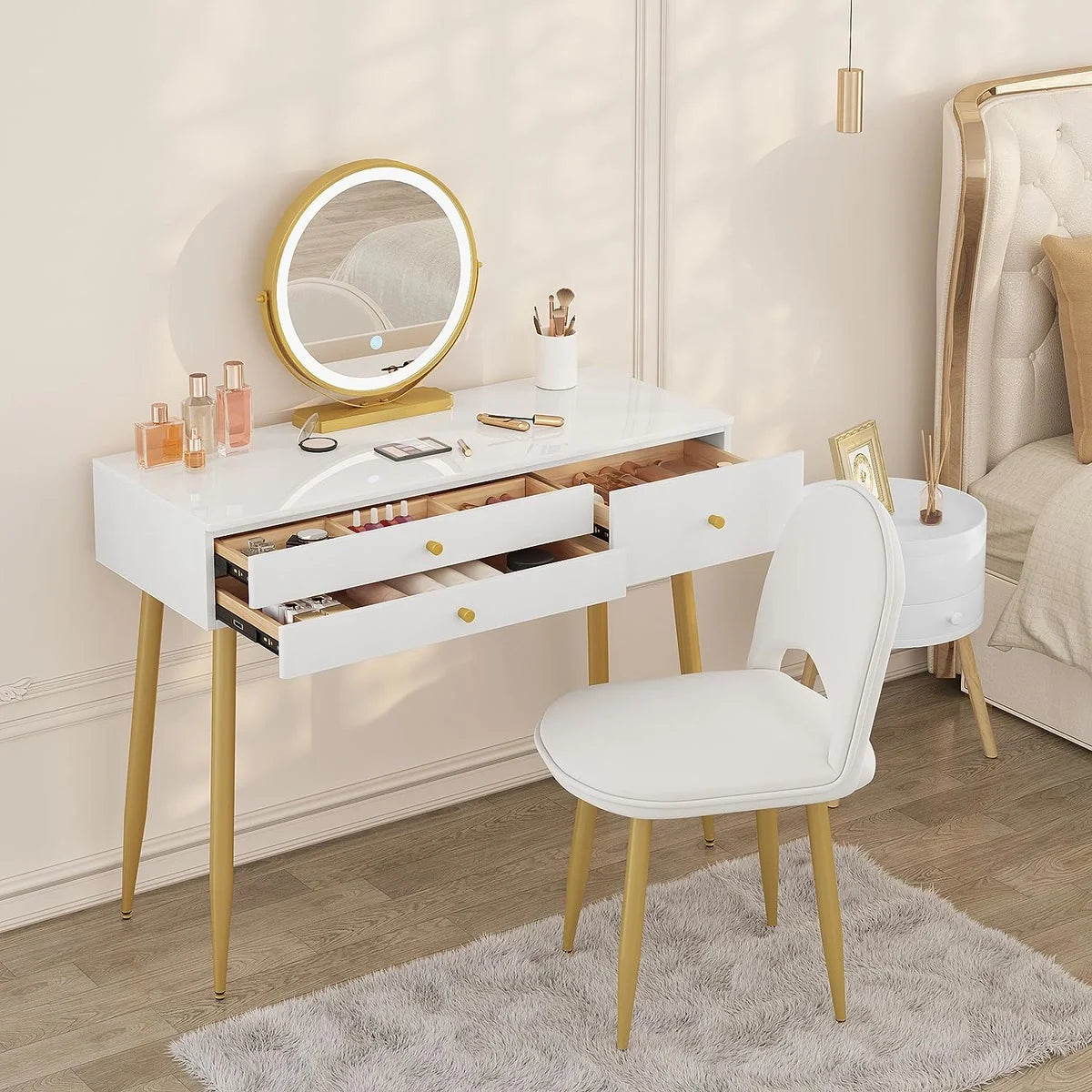 Coiffeuse miroir rond 100 cm, chaise incluse