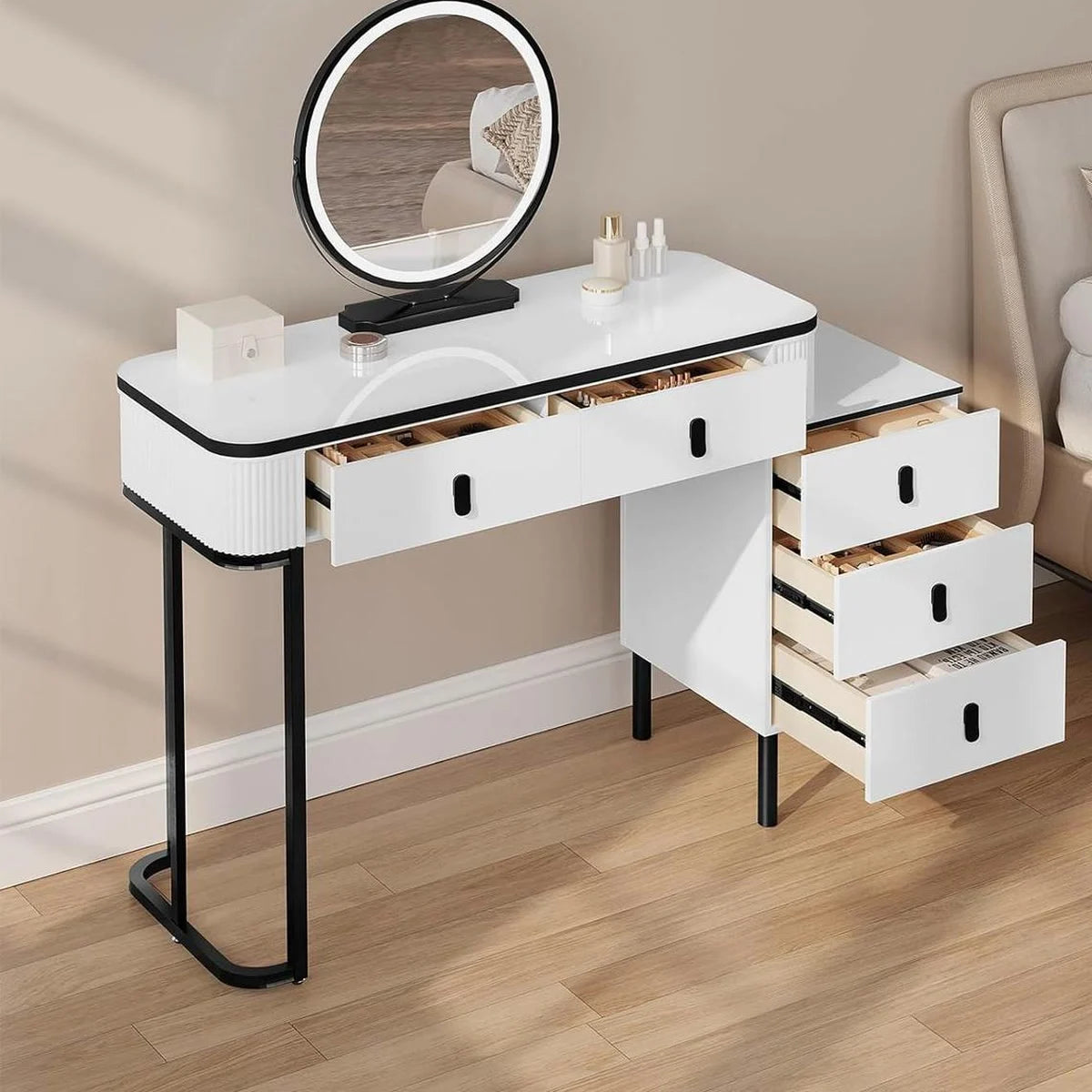 Coiffeuse miroir rond 100 cm, tabouret inclus – blanc et noir