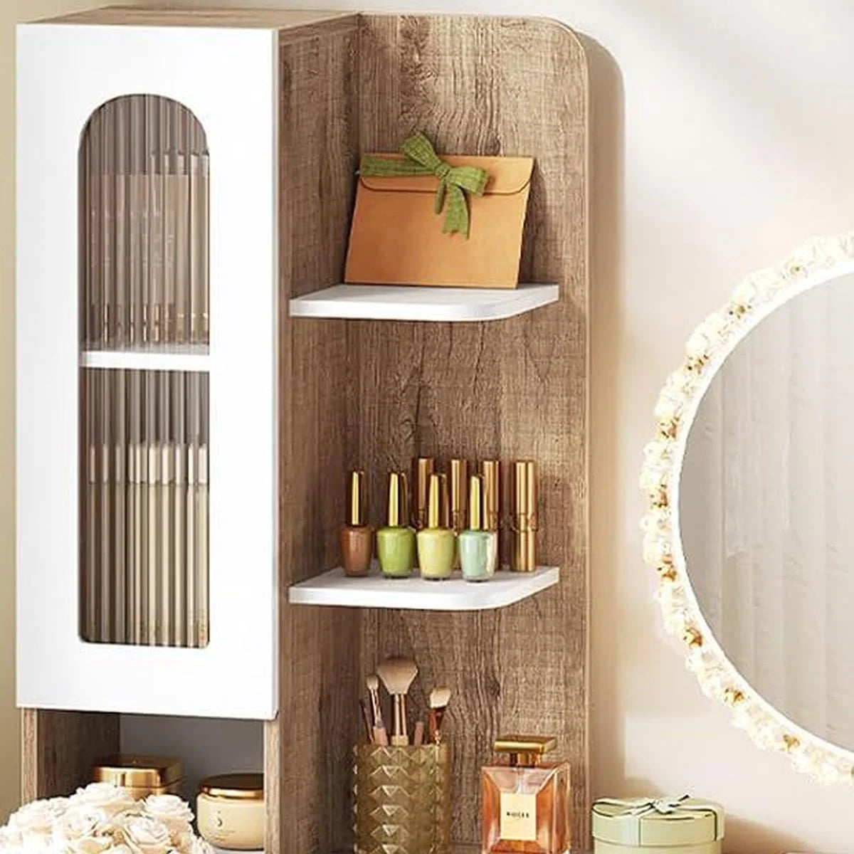 Coiffeuse miroir rond 100 cm, 3 tiroirs et 2 placards